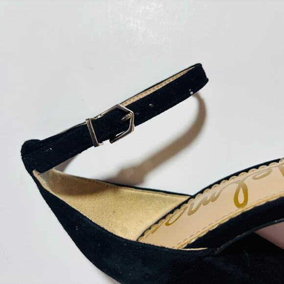 Sam Edelman Suede Scalloped Block Heel Sandals – Black Ankle Strap Heels - Picture 5 of 9